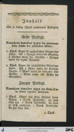Innhalt aller in diesem Werke enthaltenen Predigten.
