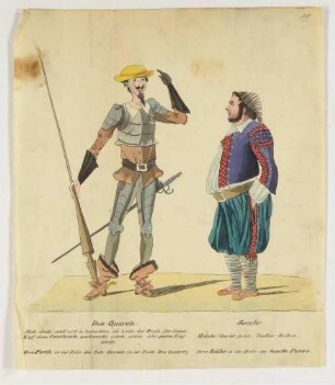 Humoristische, satirische Darstellung, Szene aus Don Quijote mit Sancho und Quijote