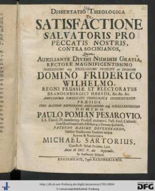 Dissertatio Theologica De Satisfactione Salvatoris Pro Peccatis Nostris, Contra Socinianos