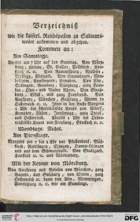 Verzeichniß, wie die kaiserl. Reichsposten zu Salmansweiler ankommen und abgehen