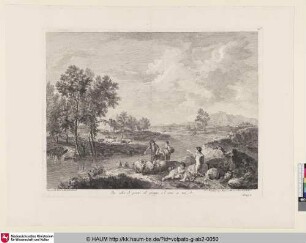 [Flusslandschaft mit Schafherde und Hirte, eine Frau mit Kind im Vordergrund]