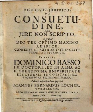 Discursus iuridicus de consuetudine, seu iure non scripto