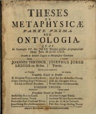 Theses ex metaphysicae parte prima, seu ontologia
