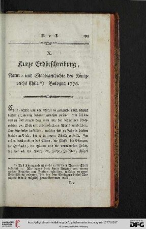 X. Kurze Erdbeschreibung , Natur- und Staatsgeschichte des Königreichs Chile. Bologna 1776