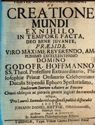 Godofr. Hoffmanni De creatione mundi ex nihilo in tempore facta