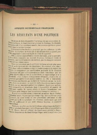 Afrique Occidentale Francaise. Les Résultats d'une Politique.