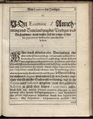 II. Von Examine/ Annehmung und Beurlaubung der Prediger und Kirchendiener: unnd wessen sich die jenigen/ so das Ius patronatus herbracht/ zuverhalten haben