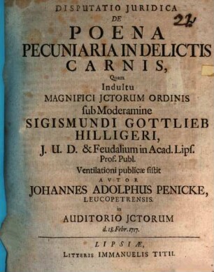Disputatio Juridica De Poena Pecuniaria In Delictis Carnis