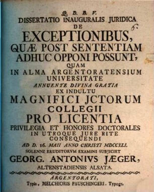 Diss. inaug. iur. de exceptionibus, quae post sententiam adhuc opponi pos sunt