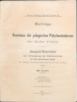 Beiträge zur Kenntniss der pelagischen Polychaetenlarven der Kieler Föhrde