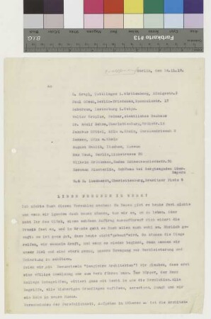 Bruno Taut an die "Gläserne Kette"