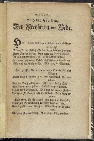 Anrede An Ihro Excellenz Den Freyherrn von Behr.