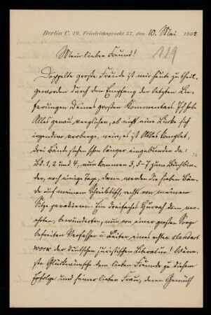119: Brief von Reinhold Johow an Gottlieb Planck, Berlin, 10.5.1902