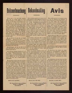 "Bekanntmachung". Regelung der Meldungen von Kriegsleistungen im besetzten Gebiet Belgiens