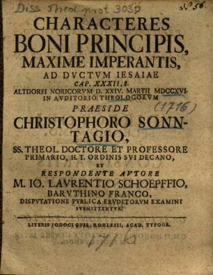 Characteres Boni Principis, Maxime Imperantis, Ad Dvctvm Iesaiae Cap. XXXII, 8.