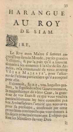 Harangue au Roy de Siam