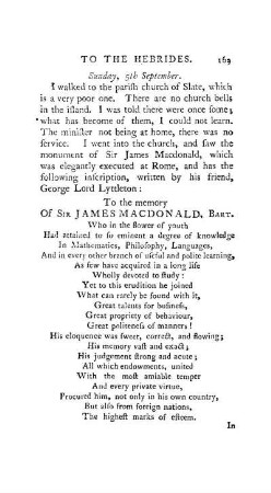 September 5. - Sir James Macdonald's epitaph and last letters to his mother. Dr. Johnson's Latin ode on the Isle of Sky. Isaac Hawkins Browne.