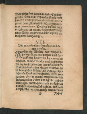 VII. Von executionibus, sequestrationibus und arrestis.