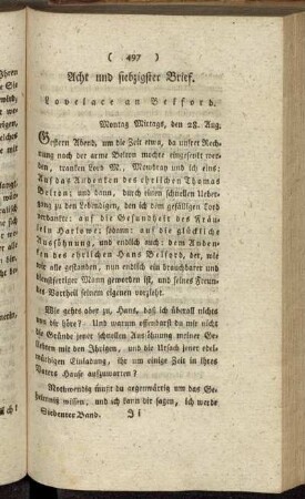 Acht und siebzigster Brief. Lovelace an Belford. - Achtzigster Brief. Belford an Lovelace.
