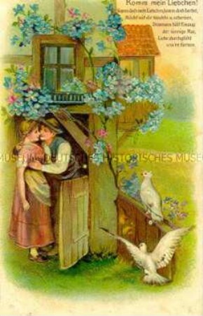 Postkarte mit ländlichem Liebespaar und Vers