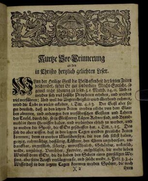 Kurtze Vor-Erinnerung an den in Christo hertzlich geliebten Leser.
