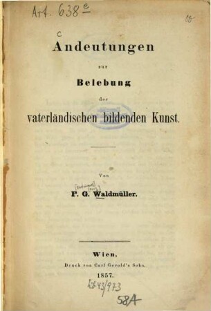 Andeutungen zur Belebung der vaterländischen bildenden Kunst