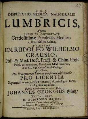 Disputatio Medica Inauguralis De Lumbricis