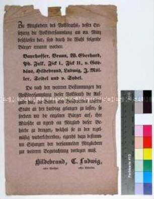 Bekanntmachung der Zusammensetzung des Ende März 1848 gewählten Volksrats zur Zuarbeitung für den Kurhessischen Landtag