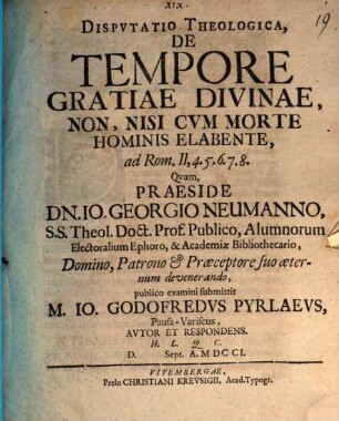 Disp. theol. de tempore gratiae divinae non nisi cum morte hominis elabente