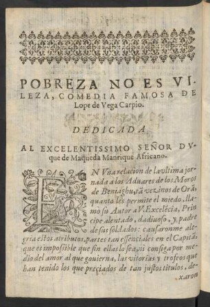 Pobreza No Es Vileza, Comedia Famosa De Lope de Vega Carpio.