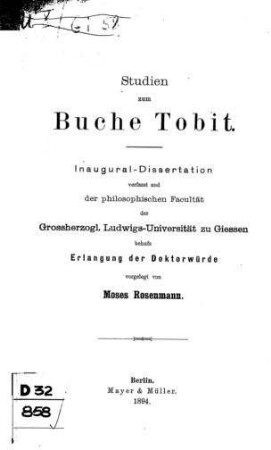 Studien zum Buche Tobit / Moses Rosenmann