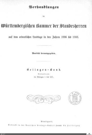 2,19: Landtag Württemberg - Kammer 1, Beilagen 1886-1888