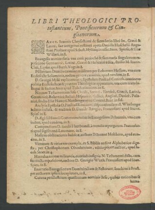Libri Theologici Protestantium, Pontificiorum & Cinglianorum.