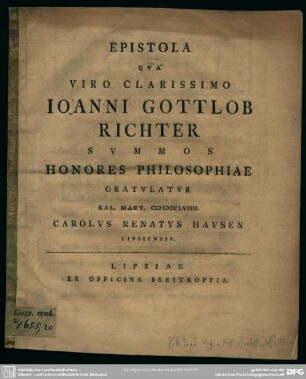 Epistola Qua Viro Clarissimo Joanni Gottlob Richter Summos Honores Philosophiae Gratulatur Kal. Mart. MDCCLVIIII