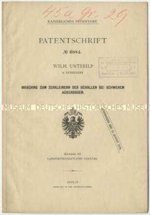 Patentschrift eines Schollenbrechers, Patent-Nr. 6884