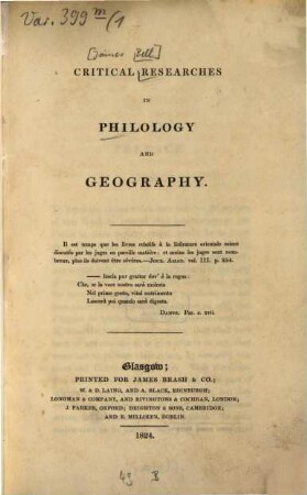 Critical Researches in Philology and Geography