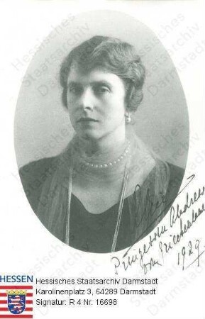 Alice Prinzessin v. Griechenland geb. Prinzessin v. Battenberg (1885-1969) / Porträt in Oval, Brustbild, mit Unterschrift