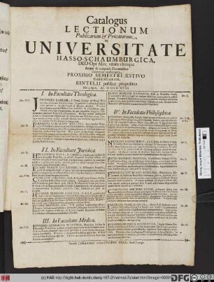 Catalogus Lectionum Publicarum & Privatarum, In Universitate Hasso-Schaumburgica ... Proximo Semestri Æstivo Habendarum : Rintelii publice propositus Die 3. April. An. MDCCXVIII.