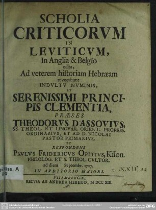 Scholia Criticorum In Leviticum : In Anglia & Belgio edita, Ad veterem historiam Hebraeam revocabunt ...