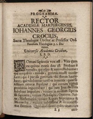 Rector Academiae Marpurgensis, Iohannes Georgius Crocius ...