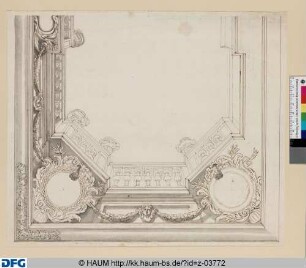 Halbentwurf für das Rahmenwerk einer rechteckigen Decke mit achteckigem von einer Balustrade gefasstem Deckenspiegel