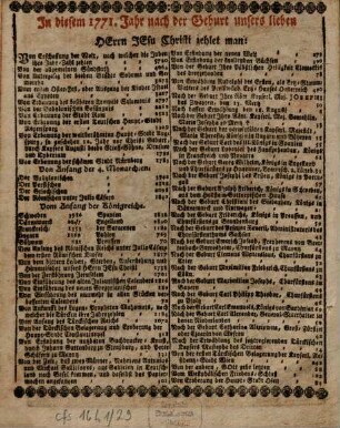 Neu-gregorianischer Zeit- und Welt-Lauf-Calender : auf das Heil-Jahr nach der gnadenreichen Geburt unsers Herrn Jesu Christi ... ; darinnen der Sonnen, Mond und anderer Planeten Lauf und Zustand zu finden ist, 1771