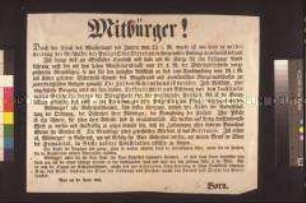 Maueranschlag: Bekanntmachung des Polizei-Oberdirektors Ernst Wilhelm Born an seine Mitbürger; Wien, 24. April 1848