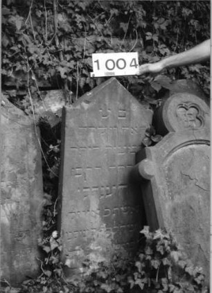 Grabstein 1004 (Index: 99630507) Material: Sandstein Zustand: abgeblättert, Textverlust, eingesunken Maße HxBxT: 106x44x10 cm Beschreibung: Stele mit eingezogenem giebelartigem Abschluß: Grabstein 1004