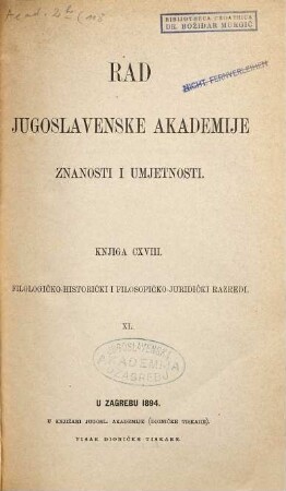 Rad Jugoslavenske Akademije Znanosti i Umjetnosti. 118. 1894