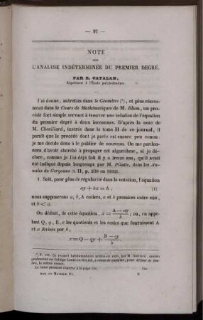 Note sur l´analyse indéterminée du premier degré.