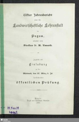 11.1907: Jahresbericht über die Landwirtschaftliche Lehranstalt in Pegau