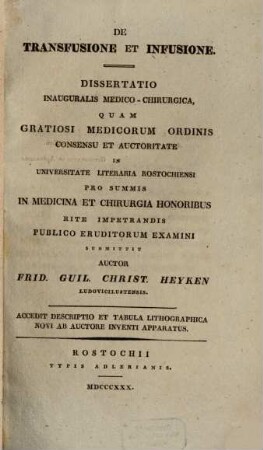 De transfusione et infusione : dissertatio inauguralis medico-chirurgica