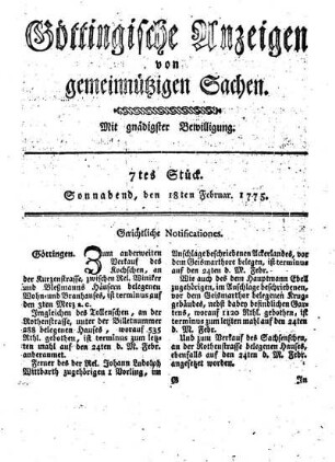 7tes Stück. Sonnabend, den 18ten Februar 1775.