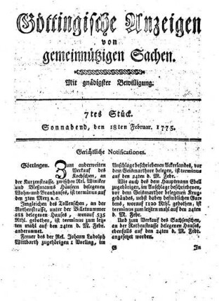 7tes Stück. Sonnabend, den 18ten Februar 1775.